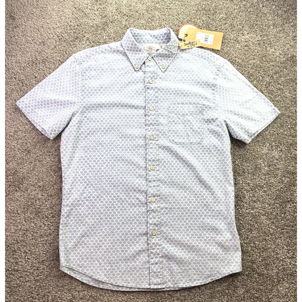 Faherty Men's Small Playa Fish Scale Print Shirt Blue Stretch Short Sleeve Shirt